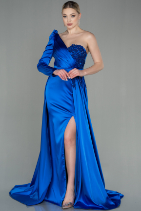 Sax Blue Long Satin Evening Dress ABU2610