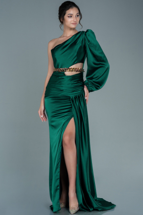 Long Emerald Green Satin Prom Gown ABU2625