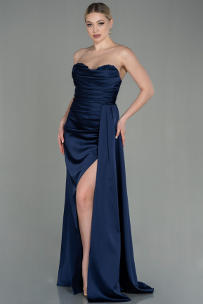 Long Navy Blue Satin Prom Gown ABU2965