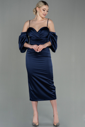 Midi Navy Blue Satin Invitation Dress ABK1676