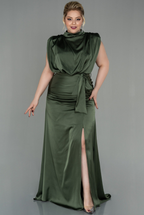 Long Olive Drab Satin Plus Size Evening Dress ABU2969