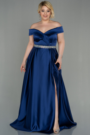 Long Navy Blue Satin Plus Size Evening Dress ABU3017