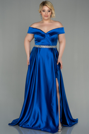 Long Sax Blue Satin Plus Size Evening Dress ABU3017