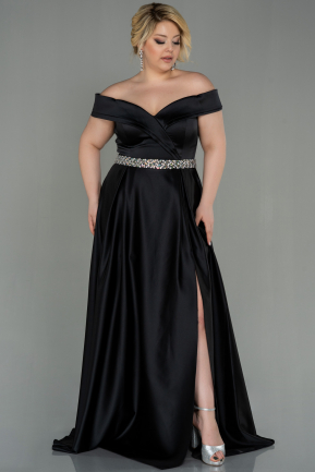 Long Black Satin Plus Size Evening Dress ABU3017