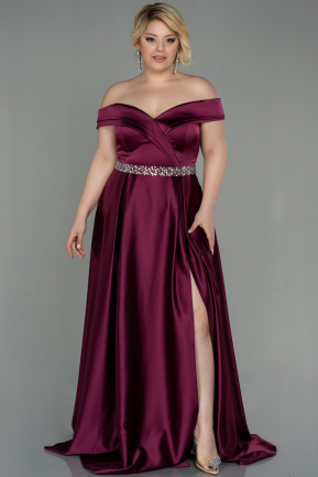 Long Cherry Colored Satin Plus Size Evening Dress ABU3017