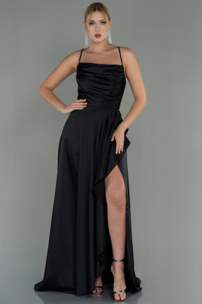 Long Black Satin Prom Gown ABU3068