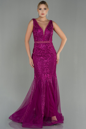 Fuchsia Long Laced Evening Dress ABU1611