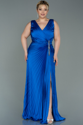 Long Sax Blue Satin Plus Size Evening Dress ABU3076