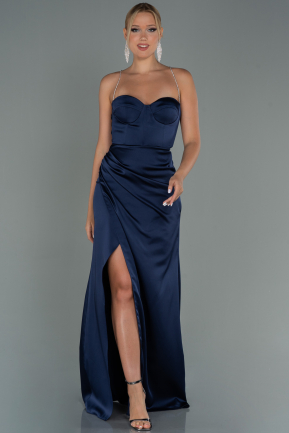 Long Navy Blue Satin Prom Gown ABU3094