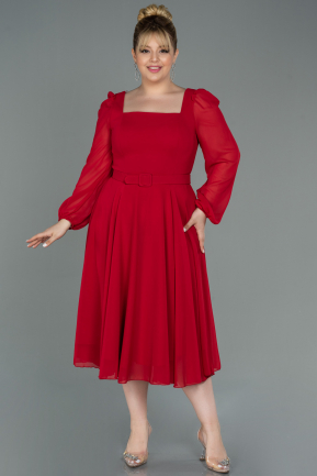 Midi Red Chiffon Plus Size Evening Dress ABK1753