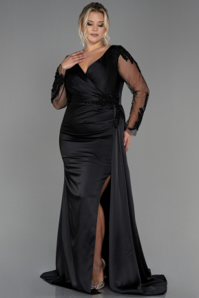 Long Black Satin Plus Size Evening Dress ABU3223