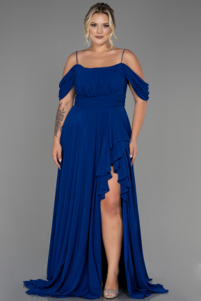 Long Sax Blue Chiffon Plus Size Evening Dress ABU3168