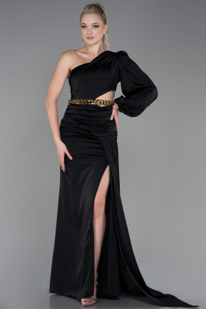 Long Black Satin Prom Gown ABU2625