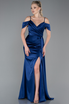 Long Navy Blue Satin Prom Gown ABU3249