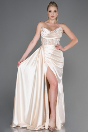 Beige Long Satin Evening Dress ABU4287