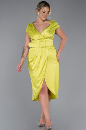 Pistachio Green Midi Satin Plus Size Evening Dress ABK1499