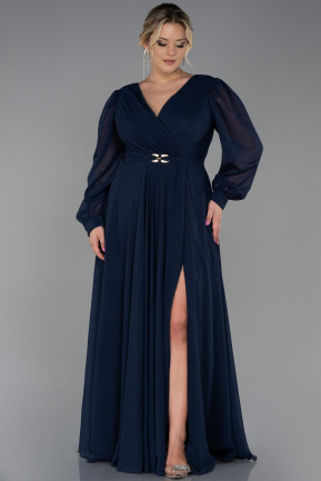 Long Navy Blue Chiffon Plus Size Evening Dress ABU3254