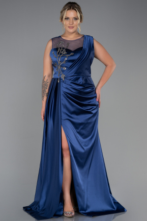 Navy Blue Long Satin Plus Size Evening Dress ABU3125