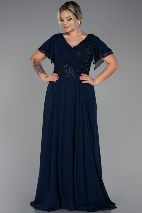 Long Navy Blue Chiffon Plus Size Evening Dress ABU2576