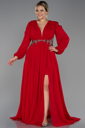 Long Red Chiffon Plus Size Evening Dress ABU3256