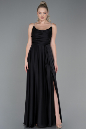 Long Black Satin Prom Gown ABU3275