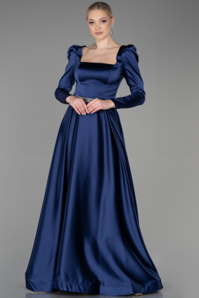Long Navy Blue Satin Evening Dress ABU3316
