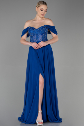 Long Sax Blue Chiffon Evening Dress ABU3310