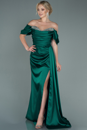 Long Emerald Green Satin Plus Size Engagement Dress ABU3655