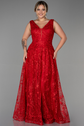 Red Long Laced Plus Size Evening Dress ABU3287