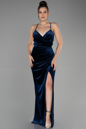 Long Navy Blue Velvet Evening Dress ABU3366