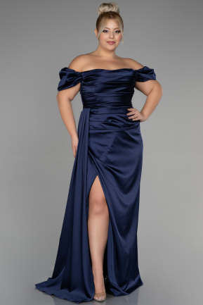 Navy Blue Long Satin Plus Size Evening Dress ABU1626