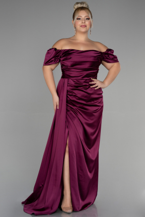 Cherry Colored Long Satin Plus Size Evening Dress ABU1626