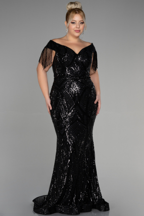 Long Black Scaly Plus Size Evening Dress ABU3374