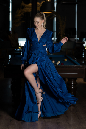 Long Sax Blue Chiffon Prom Gown ABU3397