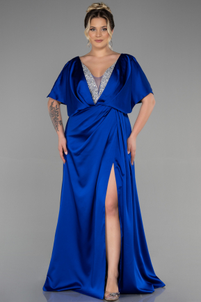 Long Sax Blue Satin Plus Size Engagement Dress ABU3442
