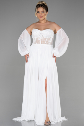 White Long Chiffon Plus Size Evening Dress ABU3590