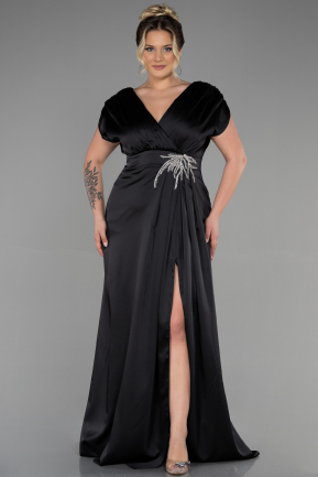 Long Black Satin Plus Size Engagement Dress ABU3433