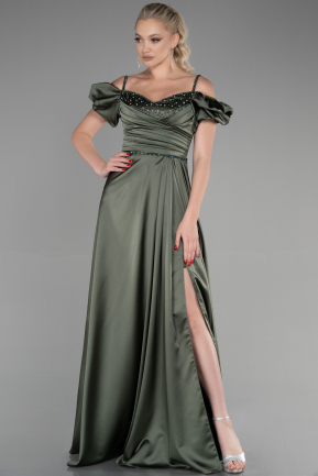 Long Olive Drab Satin Evening Dress ABU3457
