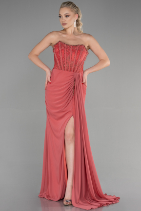 Rose Colored Long Chiffon Evening Dress ABU3333