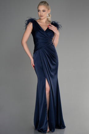 Long Navy Blue Satin Mermaid Prom Dress ABU3456