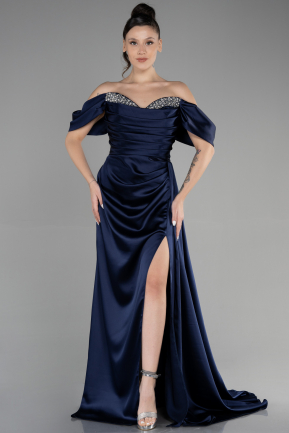 Long Navy Blue Satin Plus Size Evening Dress ABU3469