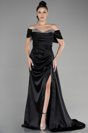 Long Black Satin Plus Size Evening Dress ABU3469