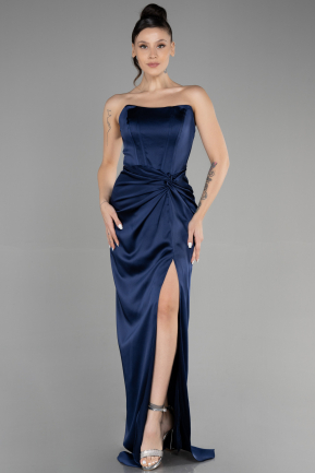 Long Navy Blue Satin Prom Gown ABU3474
