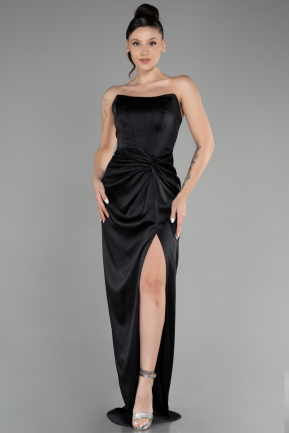 Long Black Satin Prom Gown ABU3474