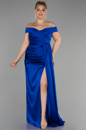 Long Sax Blue Satin Plus Size Evening Dress ABU2561