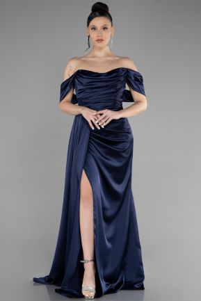 Long Navy Blue Satin Prom Gown ABU3514