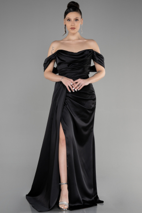 Long Black Satin Prom Gown ABU3514