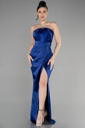 Long Navy Blue Satin Prom Gown ABU3525