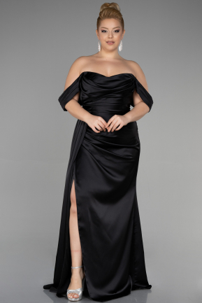 Long Black Satin Plus Size Evening Dress ABU3515