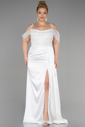 Long White Satin Plus Size Evening Dress ABU3522